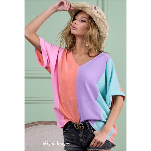 LAST 1! V Neck Roll up Sleeves Color Block Oversized Top! - Picture 9 of 9